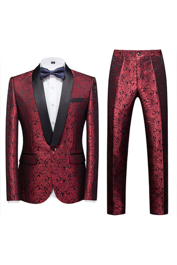 2 Piece Jacquard Blue Shawl Lapel Prom Men's Suits