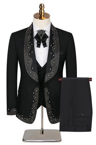 Sparkly Black 3 Piece Prom Men's Suits with Rhinestones