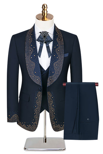 Sparkly Black 3 Piece Prom Men's Suits with Rhinestones