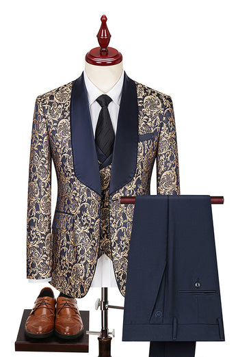 3 Piece Dark Green Shawl Lapel Jacquard Prom Men's Suits