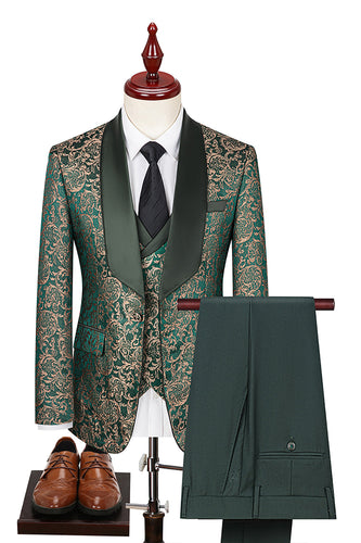 3 Piece Dark Green Shawl Lapel Jacquard Prom Men's Suits