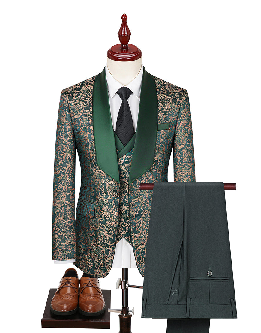 Load image into Gallery viewer, 3 Piece Dark Green Shawl Lapel Jacquard Prom Men's Suits