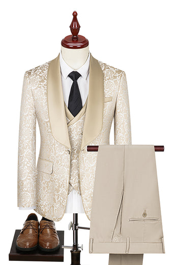 3 Piece Dark Green Shawl Lapel Jacquard Prom Men's Suits