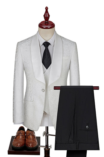3 Piece Dark Green Shawl Lapel Jacquard Prom Men's Suits