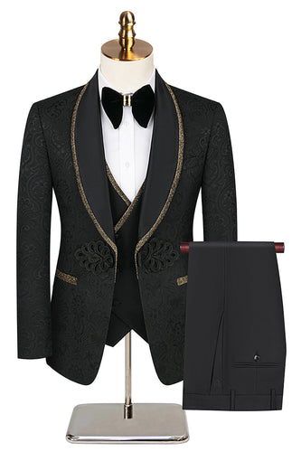 3 Piece Black Shawl Lapel Jacquard Prom Men's Suits