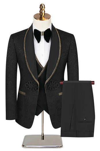 3 Piece Black Shawl Lapel Jacquard Prom Men's Suits