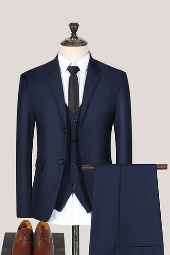Black 3 Piece Notched Lapel Solid Prom Men's Suits