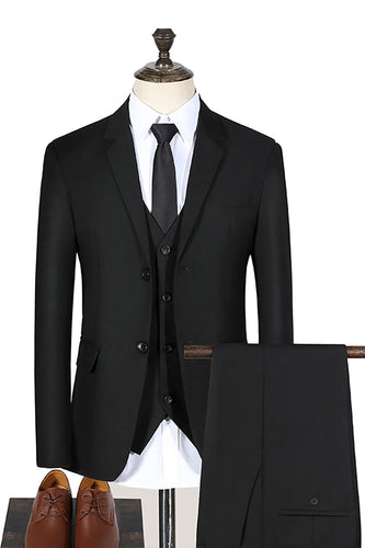 Black 3 Piece Notched Lapel Solid Prom Men's Suits