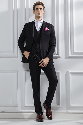 Black 3 Piece Notched Lapel Solid Prom Men's Suits