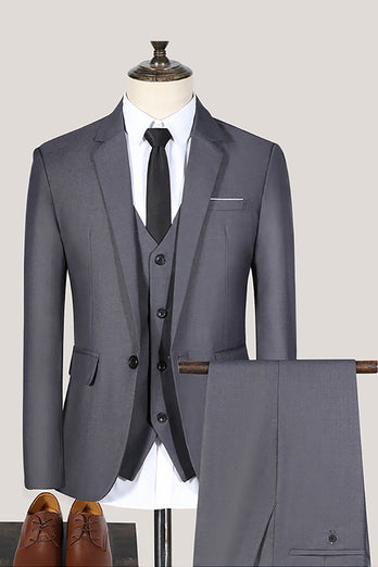 3 Piece Solid Black Notched Lapel Prom Men's Suits