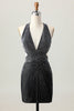 Load image into Gallery viewer, Sparkly Black Tight V-Neck Short Prom Dress with Beading