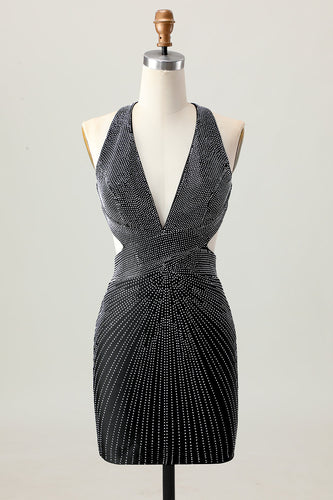 Sparkly Black Tight V-Neck Short Prom Dress with Beading