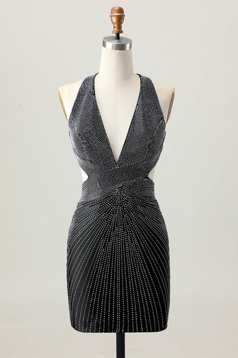 Sparkly Black Tight V-Neck Short Prom Dress with Beading