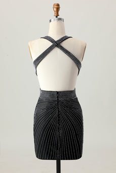 Sparkly Black Tight V-Neck Short Prom Dress with Beading