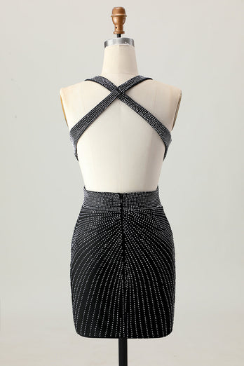 Sparkly Black Tight V-Neck Short Prom Dress with Beading