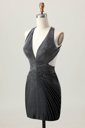 Sparkly Black Tight V-Neck Short Prom Dress with Beading