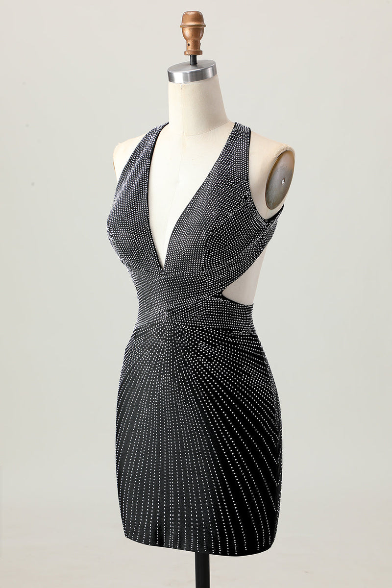Load image into Gallery viewer, Sparkly Black Tight V-Neck Short Prom Dress with Beading