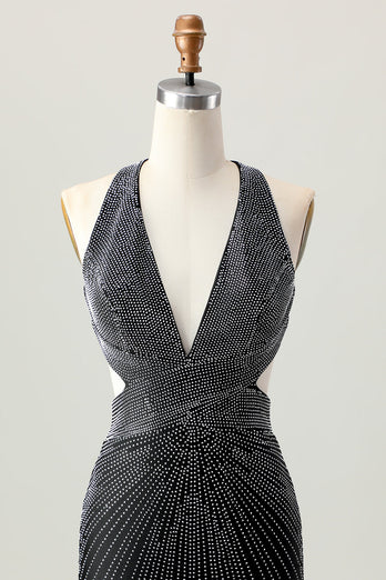 Sparkly Black Tight V-Neck Short Prom Dress with Beading