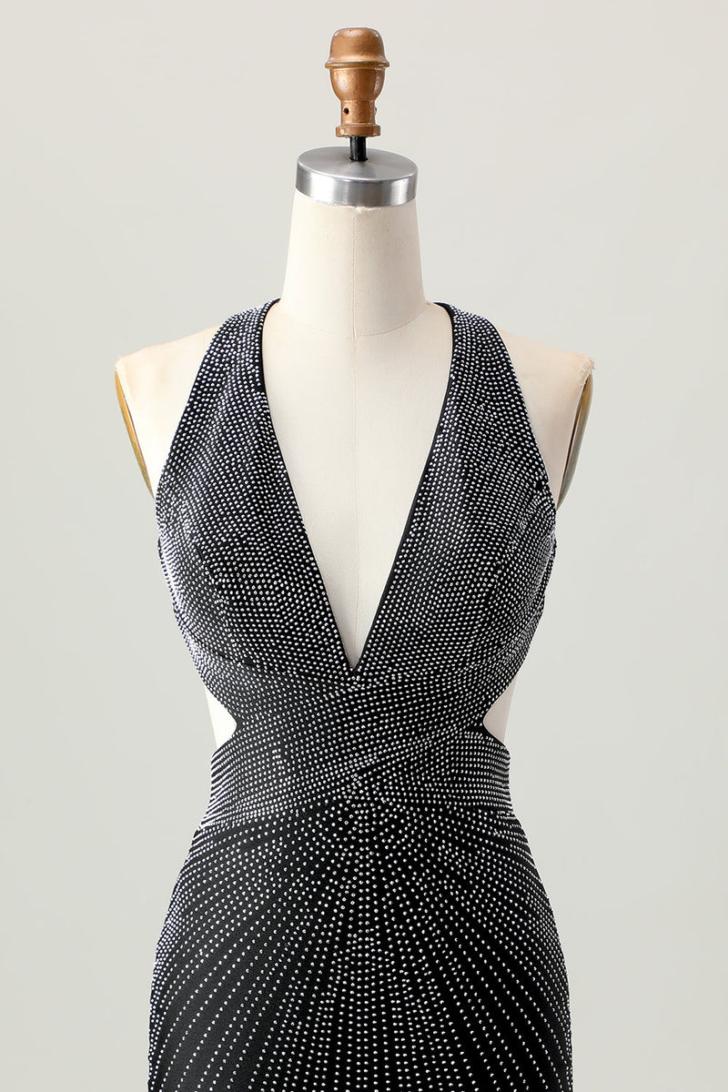 Load image into Gallery viewer, Sparkly Black Tight V-Neck Short Prom Dress with Beading