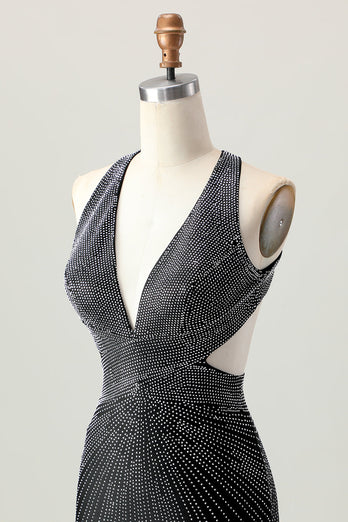 Sparkly Black Tight V-Neck Short Prom Dress with Beading