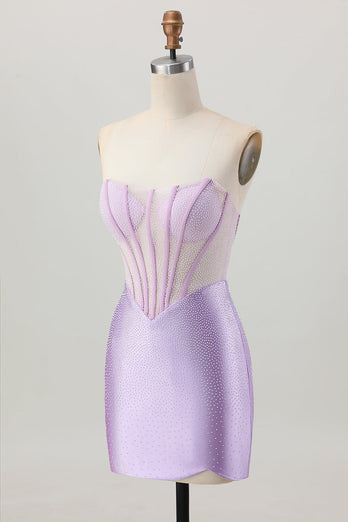 Sparkly Lilac Strapless Short Corset Prom Dress with Beading