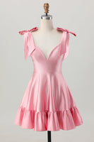 Load image into Gallery viewer, Sparkly Blush Pink Satin A Line Short Beaded Prom Dress with Bow