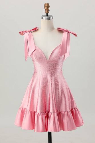 Sparkly Blush Pink Satin A Line Short Beaded Prom Dress with Bow