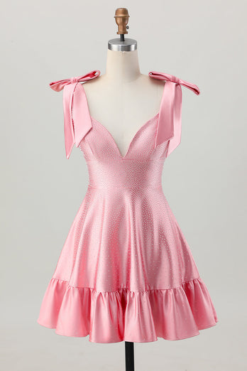 Sparkly Blush Pink Satin A Line Short Beaded Prom Dress with Bow