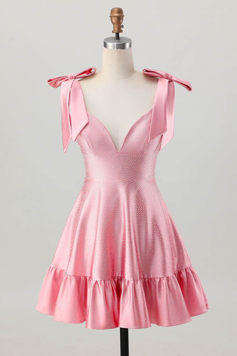 Sparkly Blush Pink Satin A Line Short Beaded Prom Dress with Bow