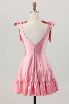 Sparkly Blush Pink Satin A Line Short Beaded Prom Dress with Bow