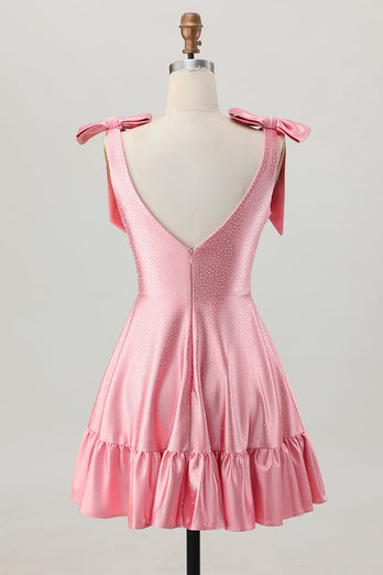 Sparkly Blush Pink Satin A Line Short Beaded Prom Dress with Bow