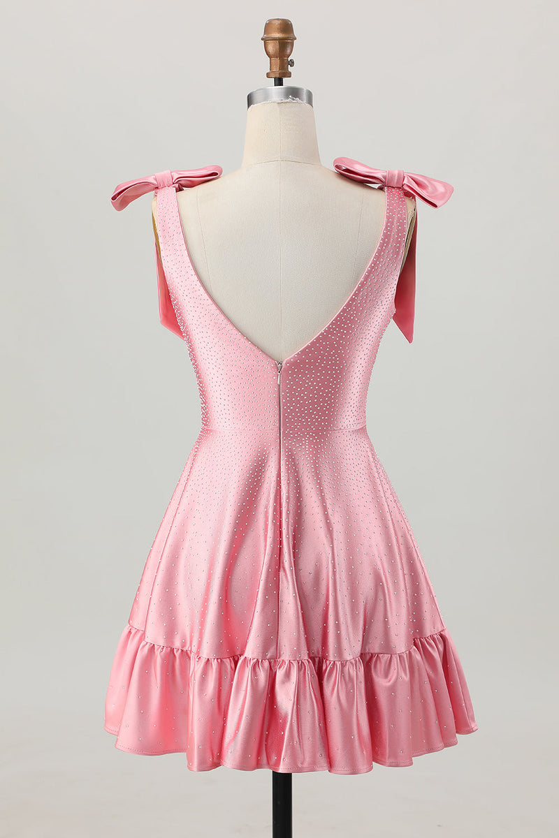 Load image into Gallery viewer, Sparkly Blush Pink Satin A Line Short Beaded Prom Dress with Bow