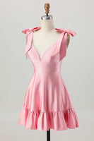 Load image into Gallery viewer, Sparkly Blush Pink Satin A Line Short Beaded Prom Dress with Bow