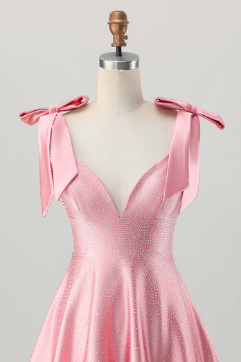 Sparkly Blush Pink Satin A Line Short Beaded Prom Dress with Bow