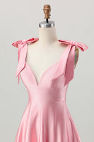 Load image into Gallery viewer, Sparkly Blush Pink Satin A Line Short Beaded Prom Dress with Bow