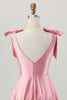 Load image into Gallery viewer, Sparkly Blush Pink Satin A Line Short Beaded Prom Dress with Bow