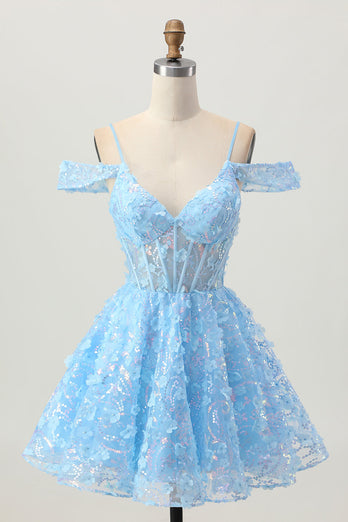Sparkly Blue Floral Corset A Line Short Prom Dress with Sequins