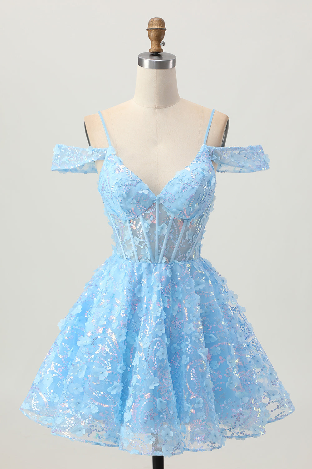 Sparkly Blue Floral Corset A Line Short Prom Dress with Sequins