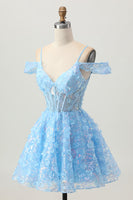 Load image into Gallery viewer, Sparkly Blue Floral Corset A Line Short Prom Dress with Sequins