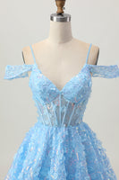 Load image into Gallery viewer, Sparkly Blue Floral Corset A Line Short Prom Dress with Sequins