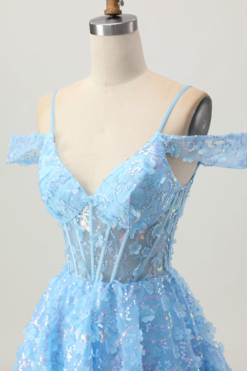 Sparkly Blue Floral Corset A Line Short Prom Dress with Sequins