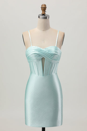 Sparkly Light Green Corset Satin Short Prom Dress with Beading