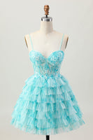 Load image into Gallery viewer, Blue Green Ruffled A Line Tiered Short Corset Prom Dress with Appliques