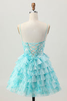 Load image into Gallery viewer, Blue Green Ruffled A Line Tiered Short Corset Prom Dress with Appliques