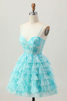 Load image into Gallery viewer, Blue Green Ruffled A Line Tiered Short Corset Prom Dress with Appliques