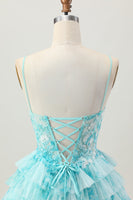 Load image into Gallery viewer, Blue Green Ruffled A Line Tiered Short Corset Prom Dress with Appliques