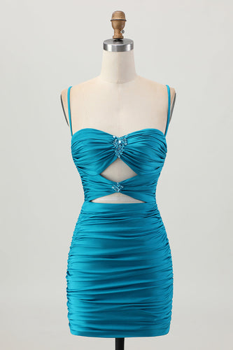 Sparkly Blue Tight Cut Out Short Prom Dress with Rhinestone