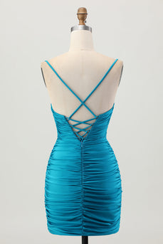 Sparkly Blue Tight Cut Out Short Prom Dress with Rhinestone