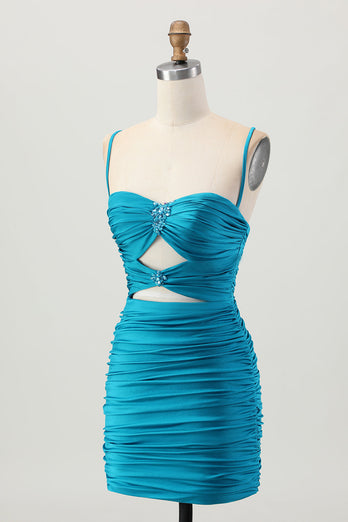 Sparkly Blue Tight Cut Out Short Prom Dress with Rhinestone