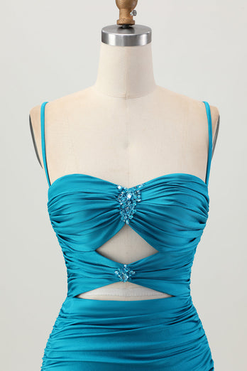 Sparkly Blue Tight Cut Out Short Prom Dress with Rhinestone